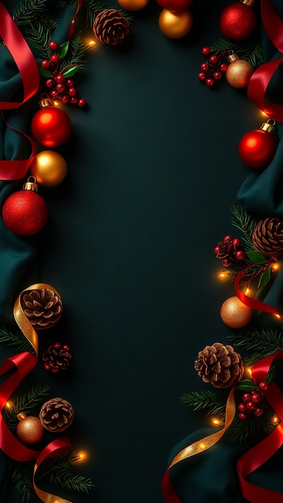 Dark Christmas background with green fabric, red and gold ornaments, string lights, and natural decorations.